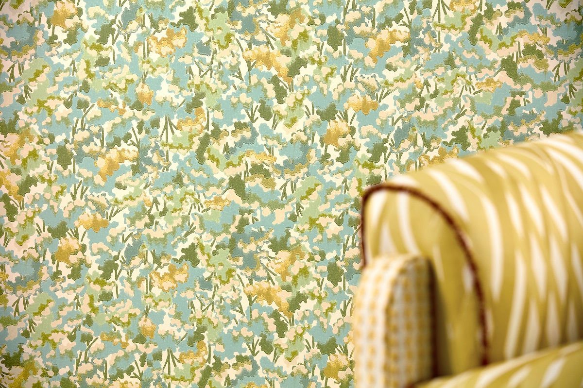 yellow green and blue abstract wallpaper treetops from Harlequin