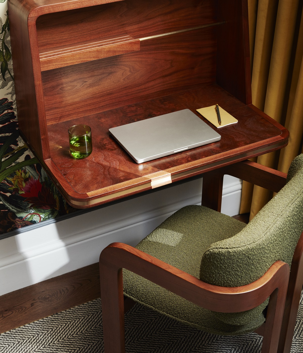 vintage style wooden desk in guestroom at Hyde London