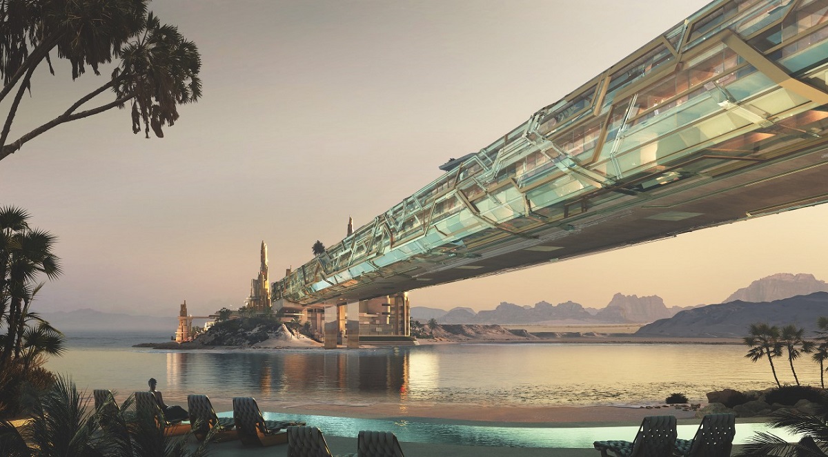 render of 450-meter-long bridge-like structure at Equinox Resort Treyam in Magna