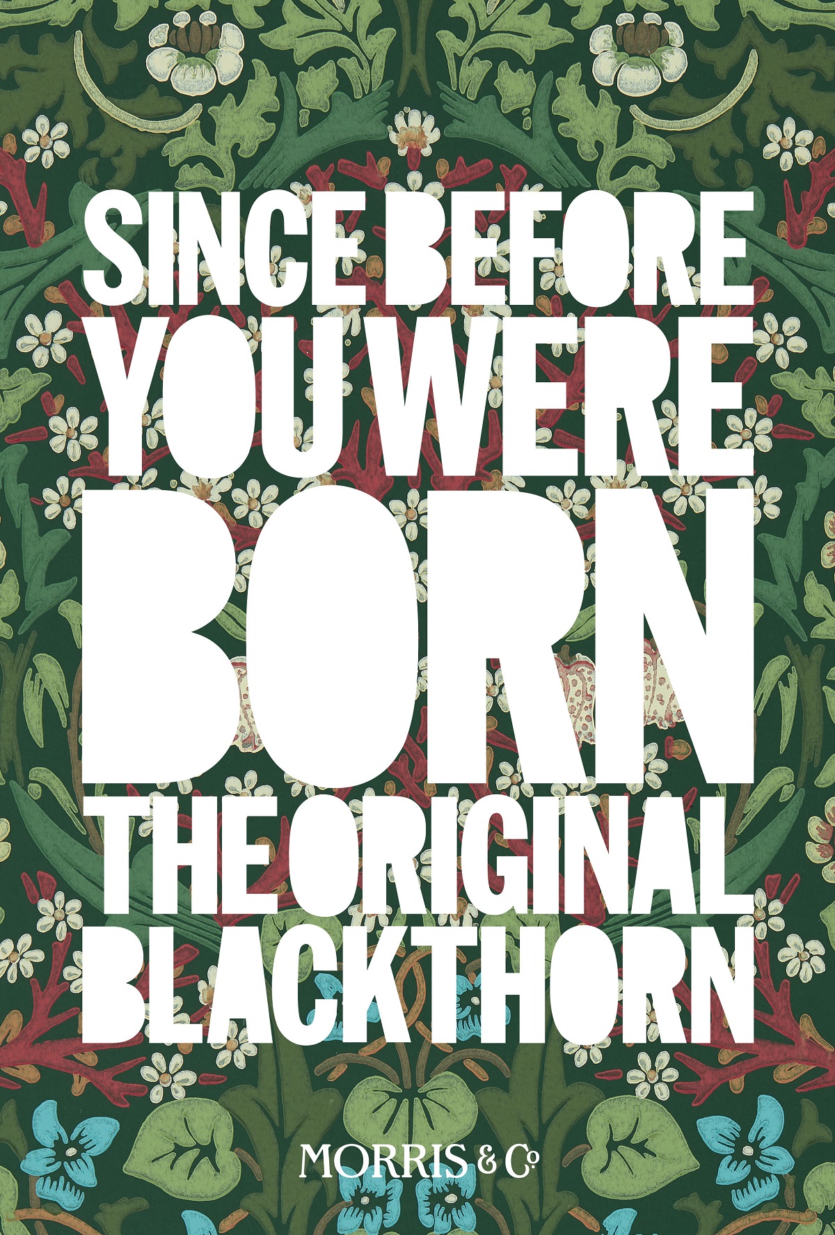 Morris & Co. slogan poster against original blackthorn design