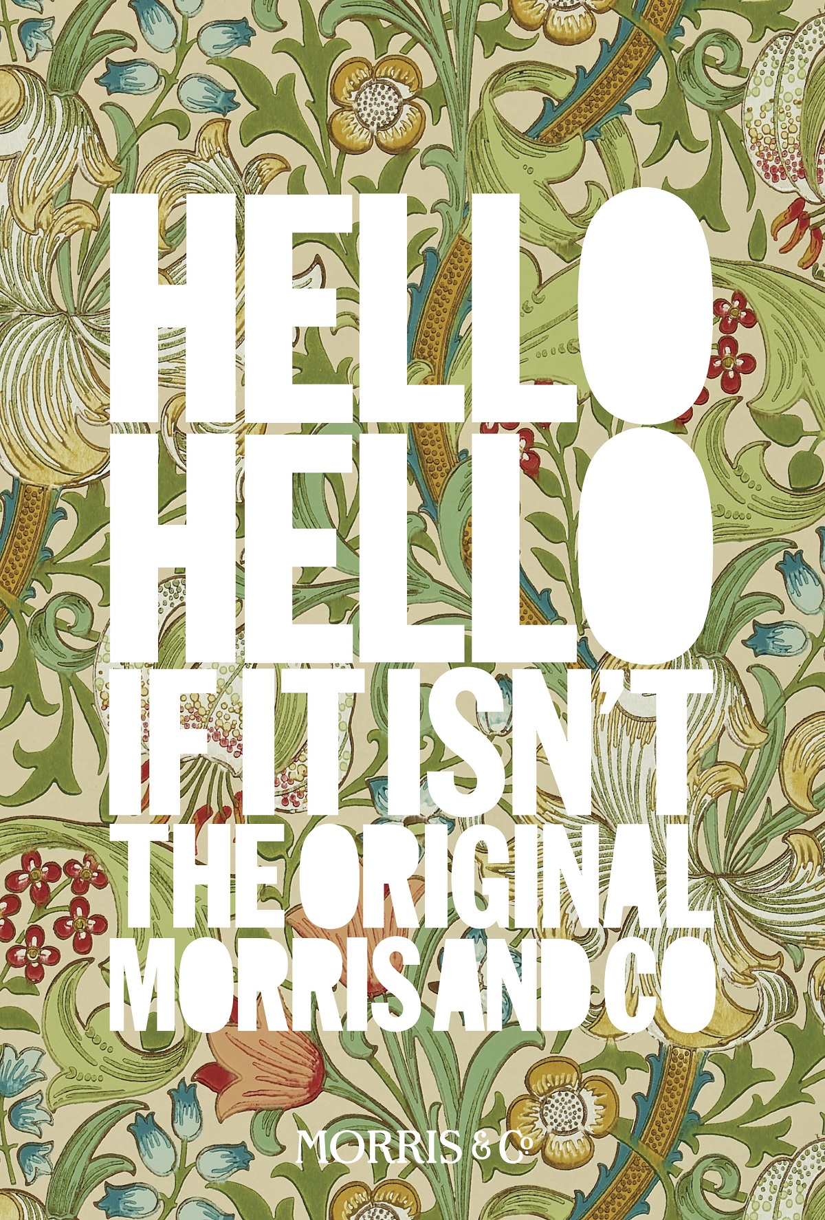 Morris & Co. slogan poster against original golden lily design