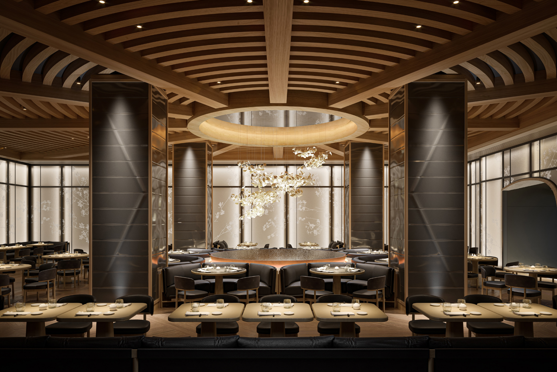 ribbed ceiling leading to a central circular dome above restaurant tables in Nobu Toronto