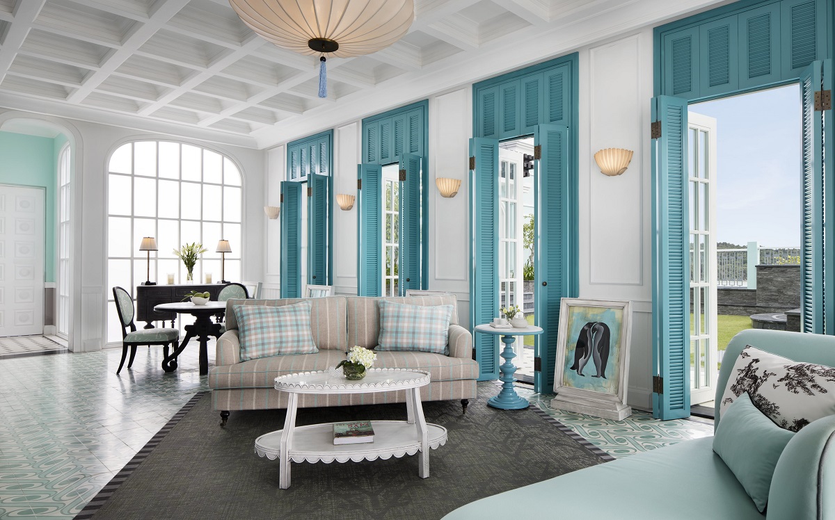 white and turquoise living room in guest suite at JW Marriott, Phu Quoc