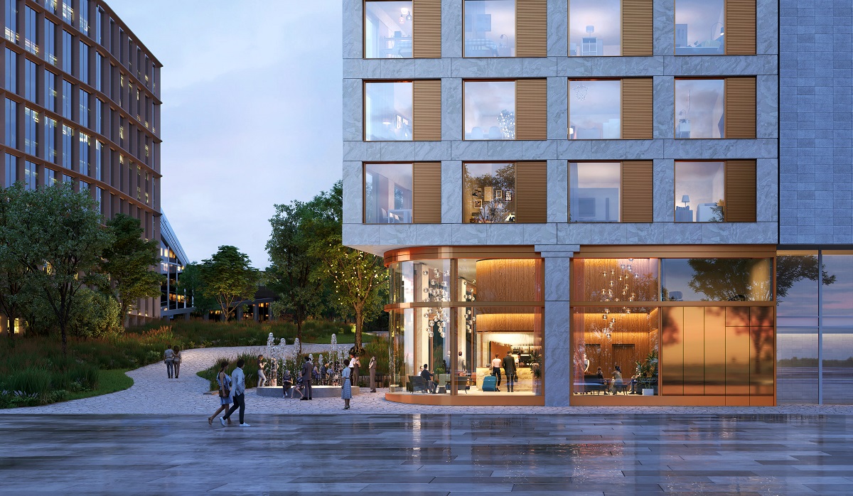 impression of the hoxton Olso exterior entrance and groundfloor lit up in evening light