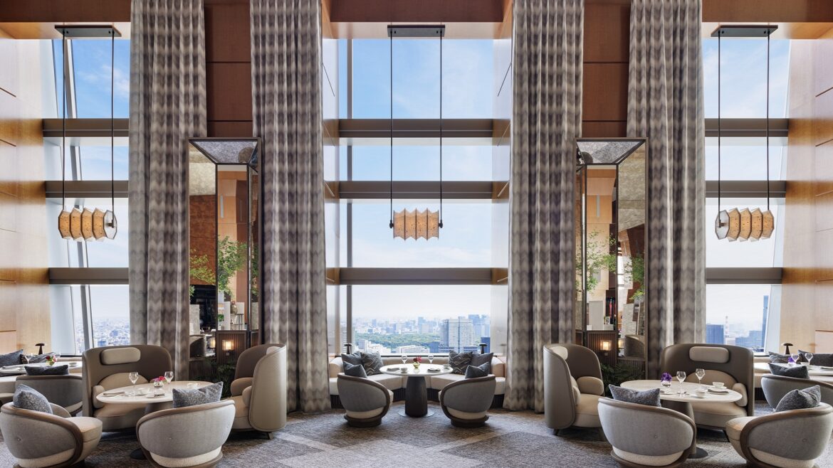 tub chairs around tables in lobby and lounge area of Ritz Carlton tokyo with view over city