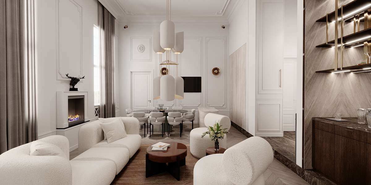 Copenhagen hotel suite with white rounded couch, white chairs, wooden floor and white contemporary light feature