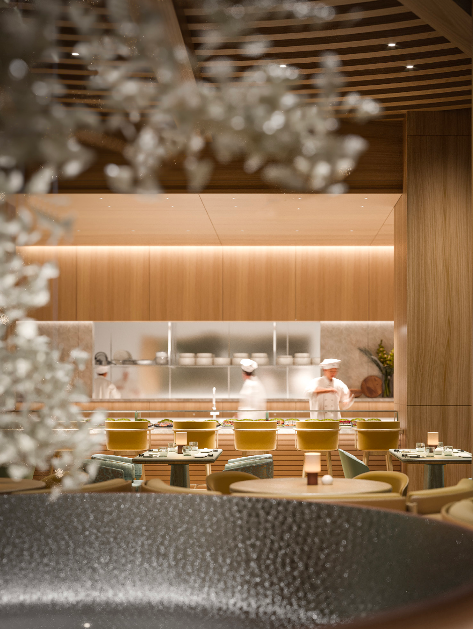 light maple wood surfaces in sushi bar design