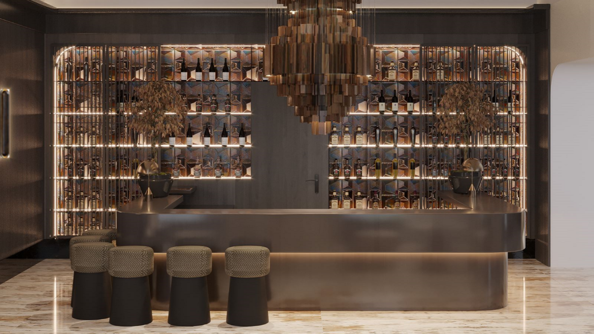 copper, brown and cream hotel lobby with statement contemporary chandelier above desk in Park Lane Copenhagen