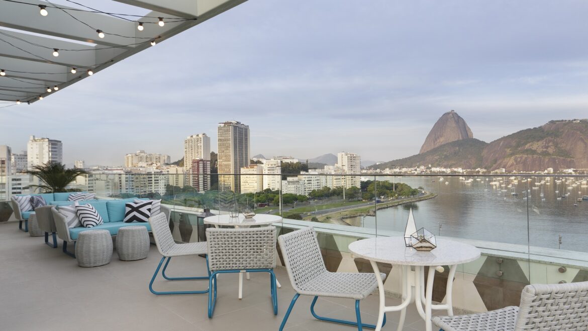 rooftop seating at Yoo2 with views across the bay of Rio de Janeiro