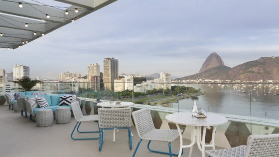 rooftop seating at Yoo2 with views across the bay of Rio de Janeiro