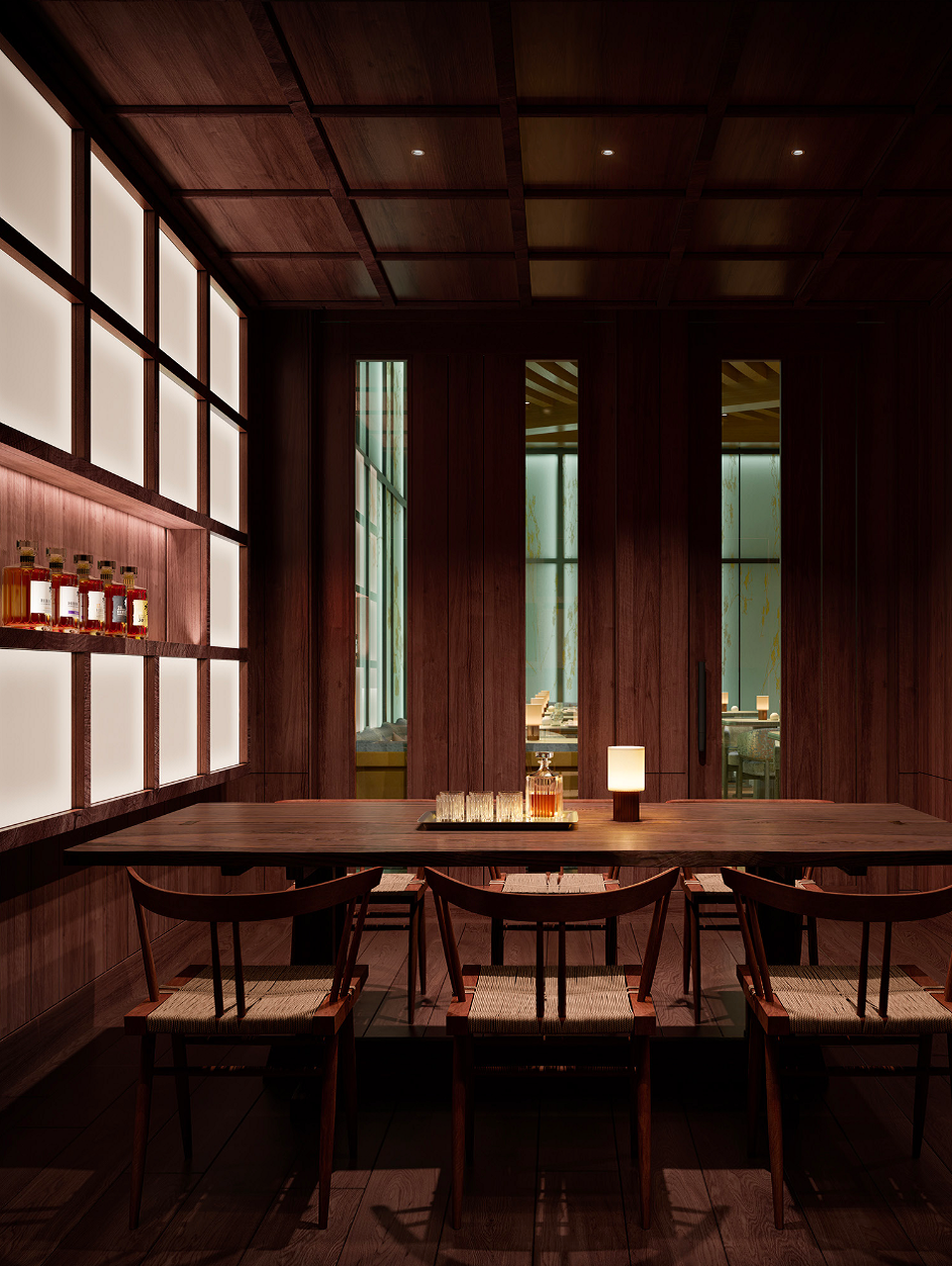 minimalist design with wooden tables and bench in tasting roomr nobu toronto