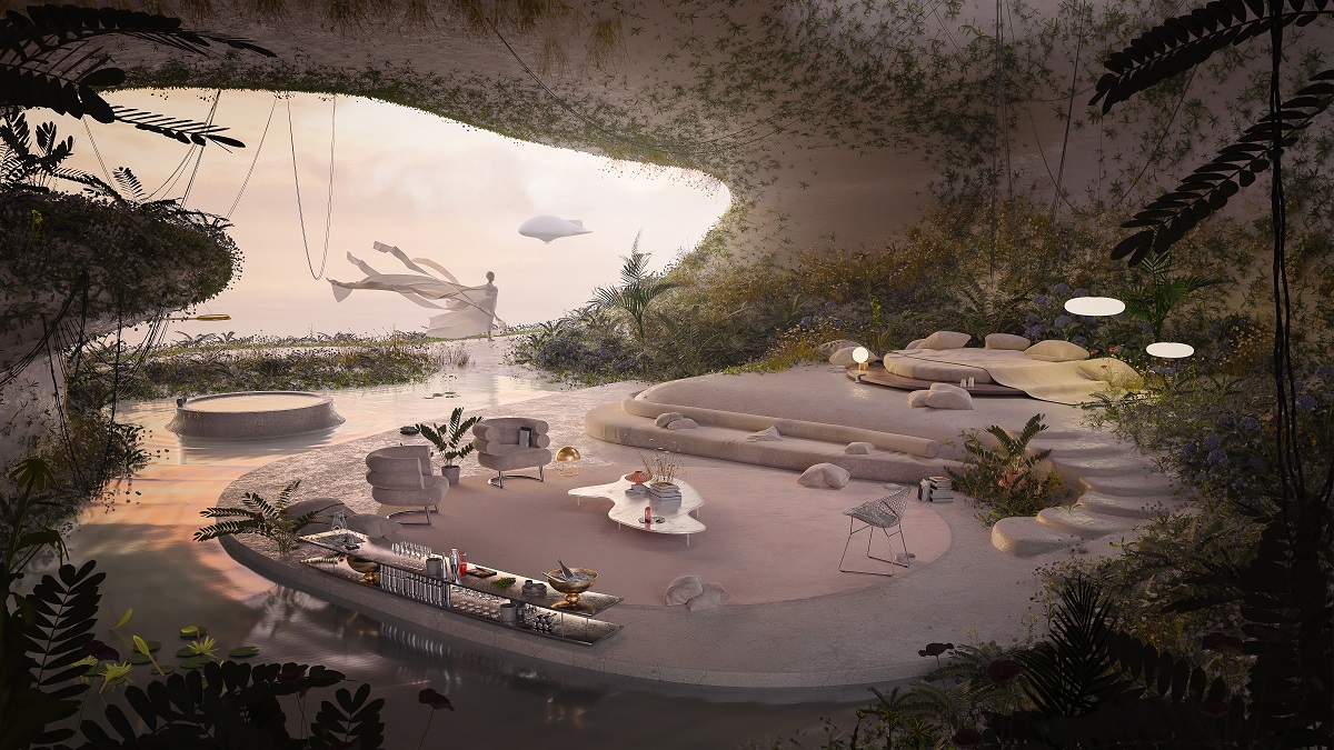 A glimpse of the LEVENverse, LEVEN's digital counterpart, where a huge lobby space is encased in a cave-like structure where lounge furniture is surrounded by rock formations and plantlife and a vast entrance frames views over the ocean