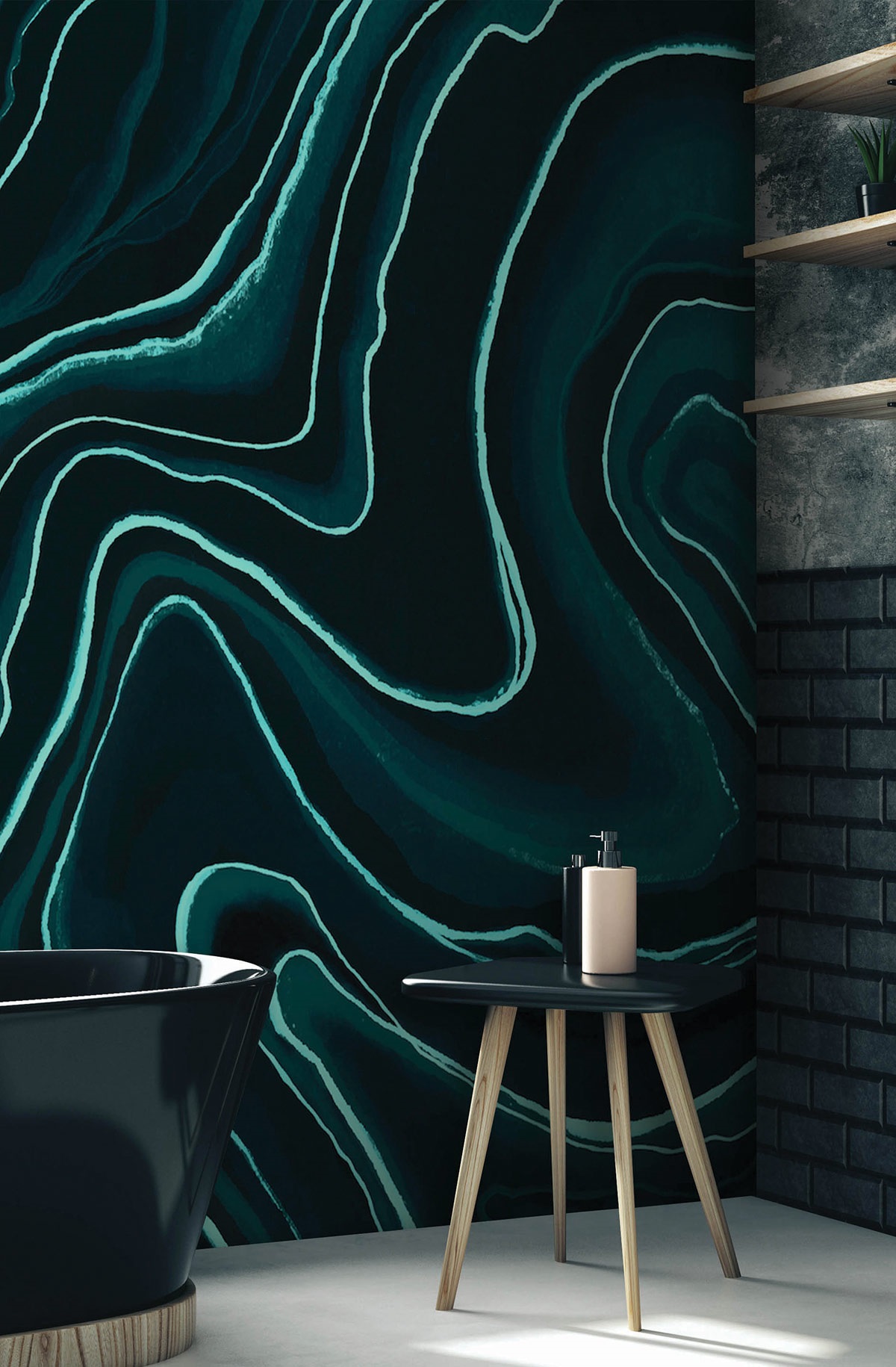 abstract black and green line drawing wallcovering from OneWallDesign