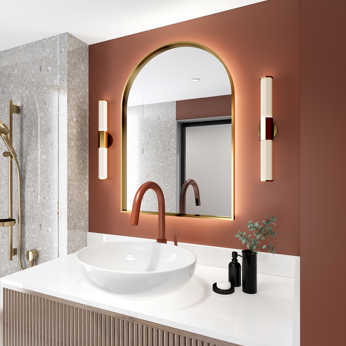 arched and backlit Luma mirror on brown wall above a white vanity