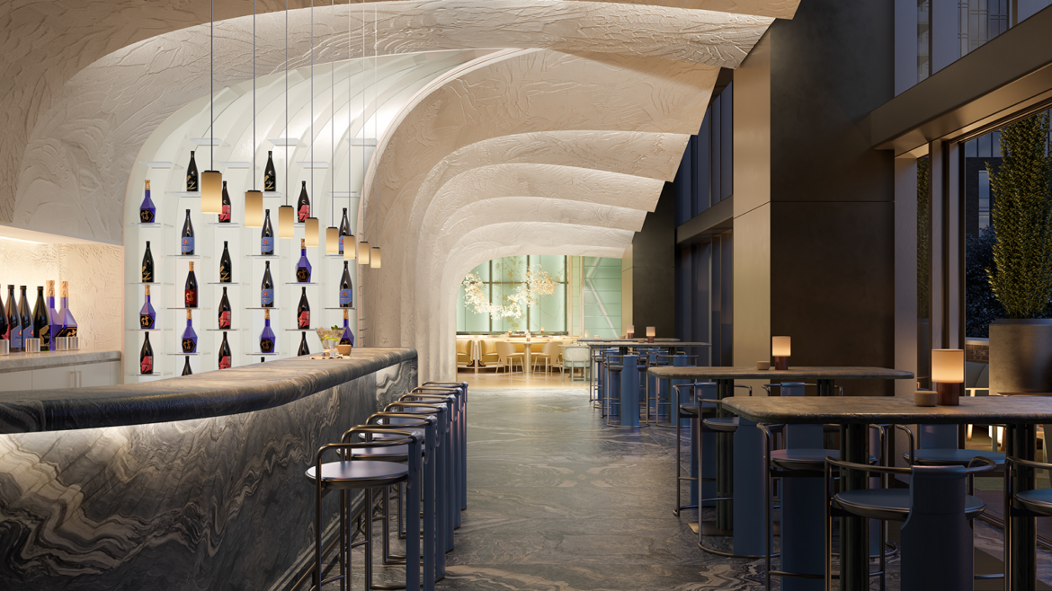 curved and layered ceiling running through bar in Nobu Toronto into lobby