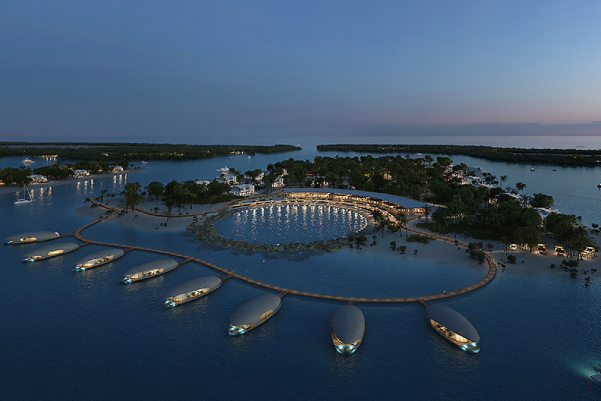 Aerial view of the proposed Ritz-Carlton Reserve Ramhan Island picturing individual water top pods