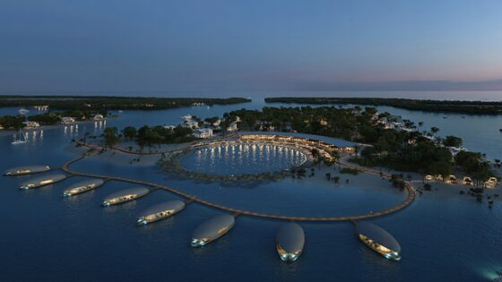 An aerial view of the proposed new Ritz-Carlton Ramhan Island with individual sea pods