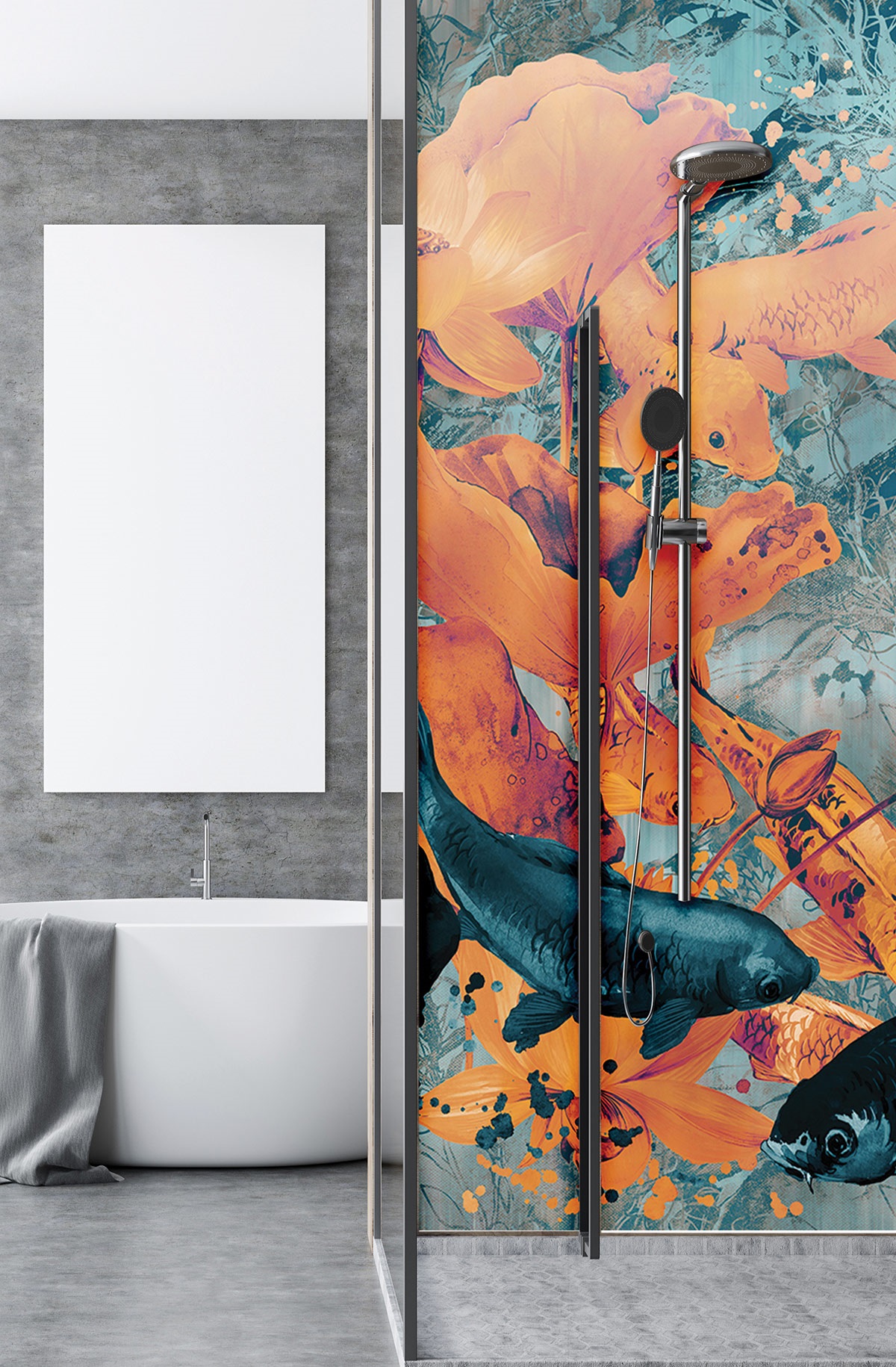 orange abstract floral wallcovering in bathroom