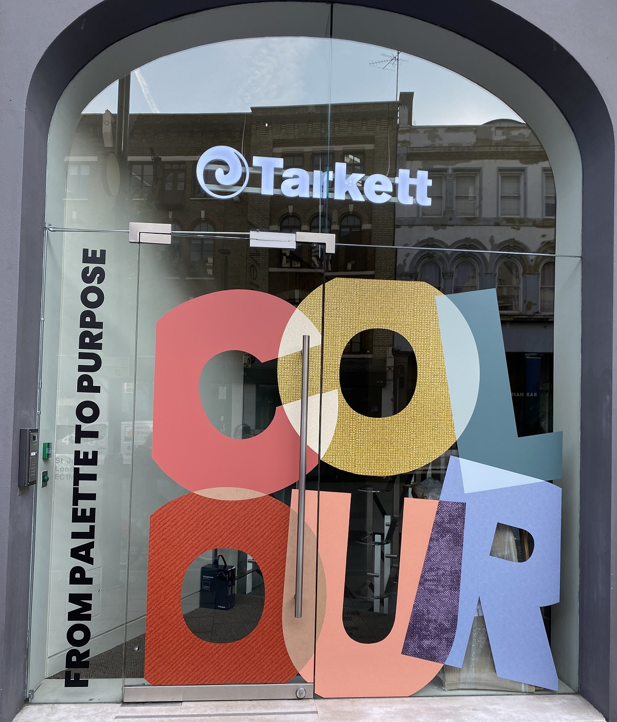 colour typographic logo in Tarkett london showroom window