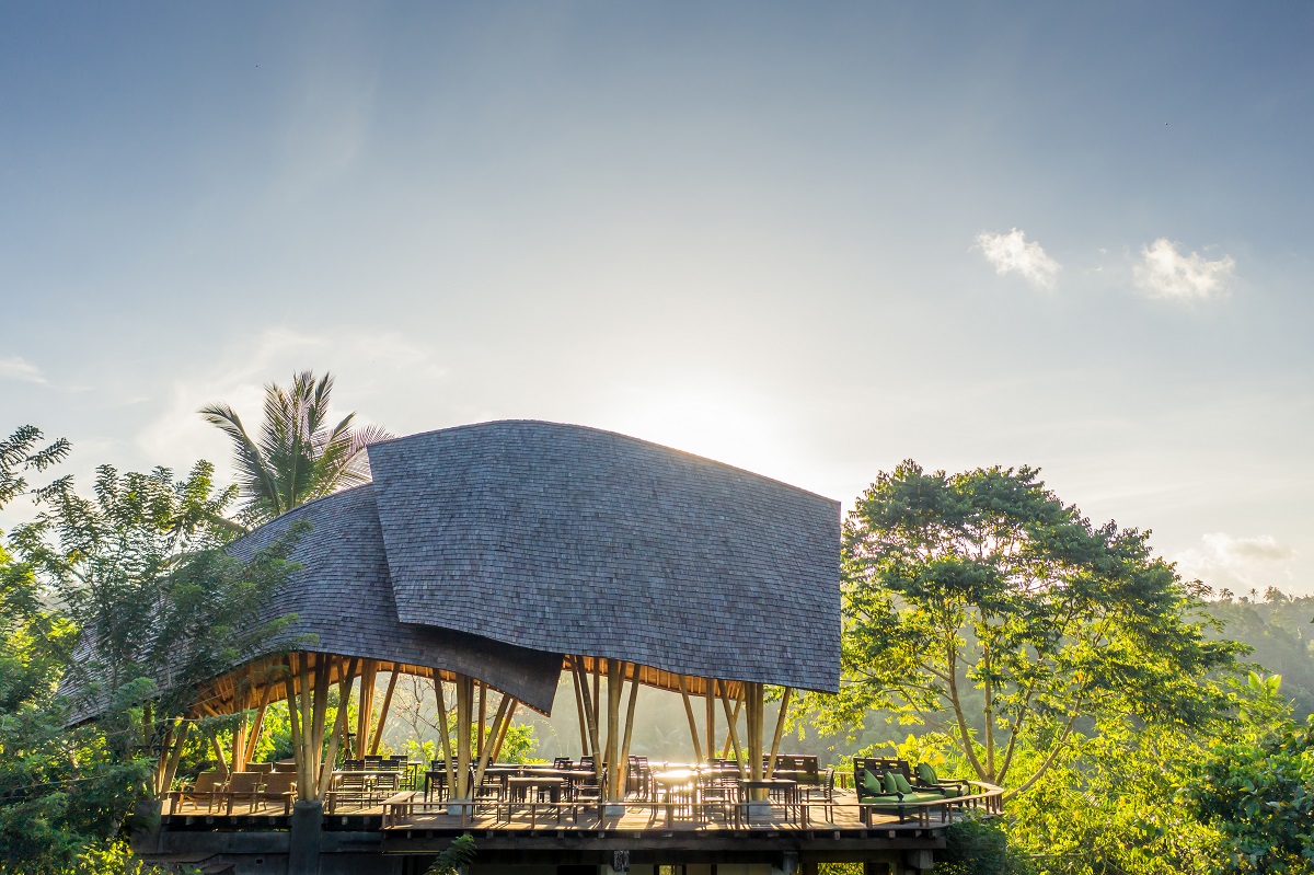 The exterior of the lodge's communal Pavilion shows an armadillo-like structure with no walls 