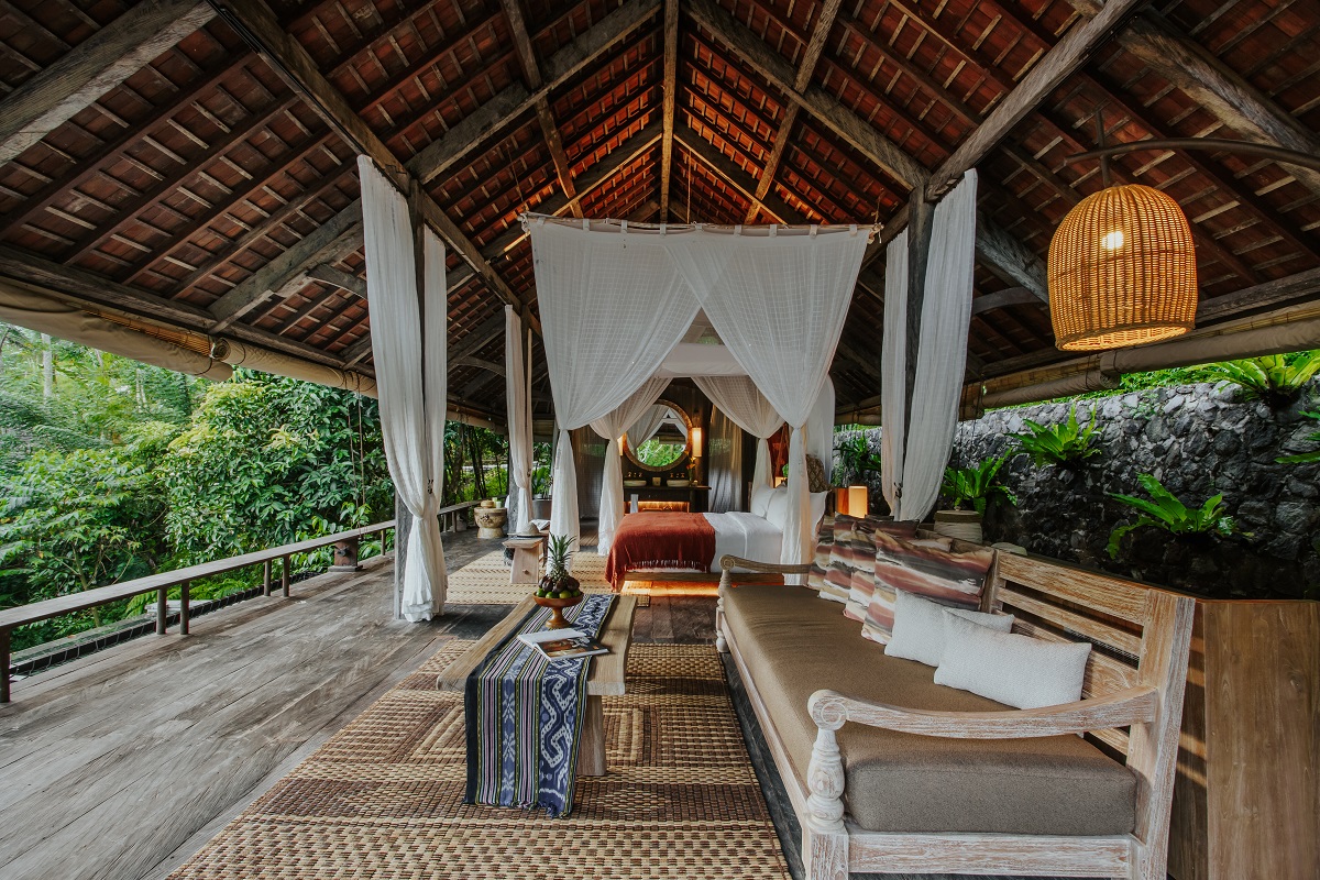 The living area at Buahan, Banyan Tree, Bali is light and airy