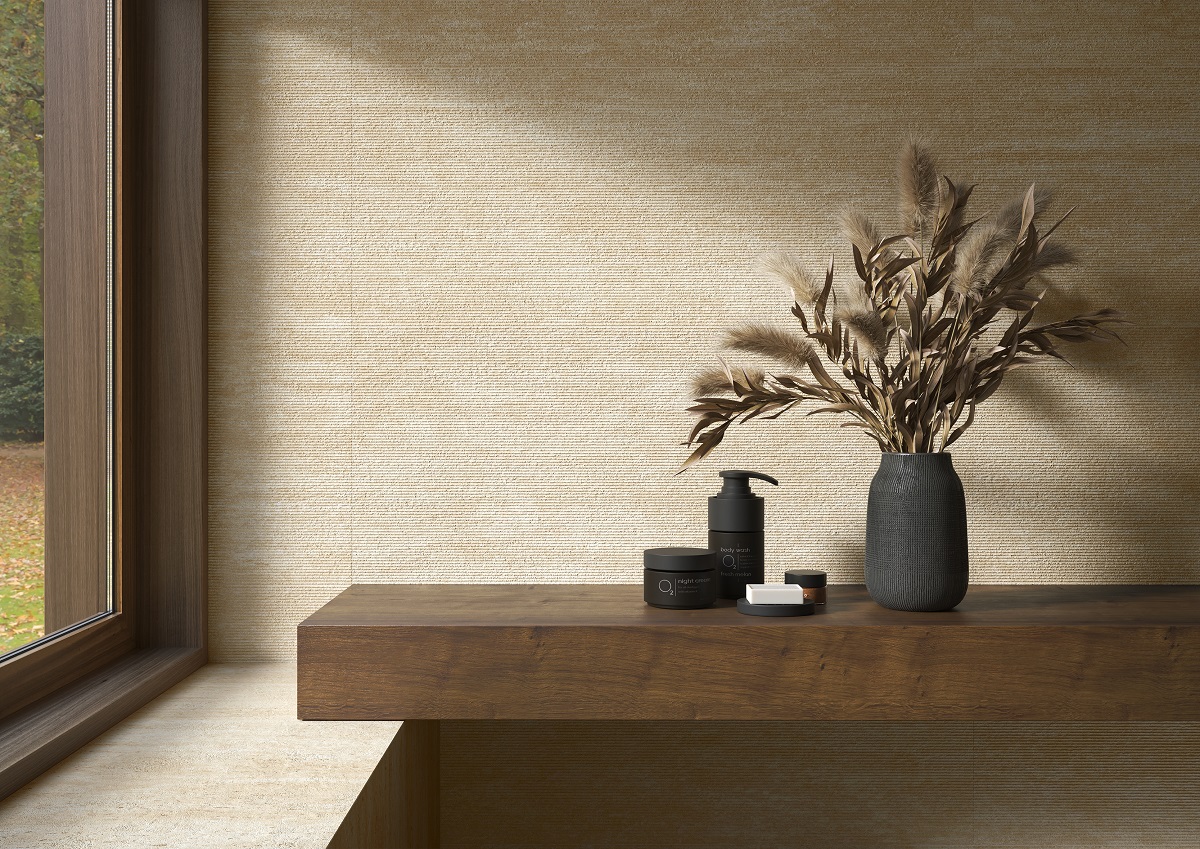 textured travertine tile on wall from marvel 3 d collection