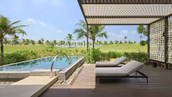 private pool and terrace overlooking gardens and palm trees at The Westin Resort & Spa Cam Ranh