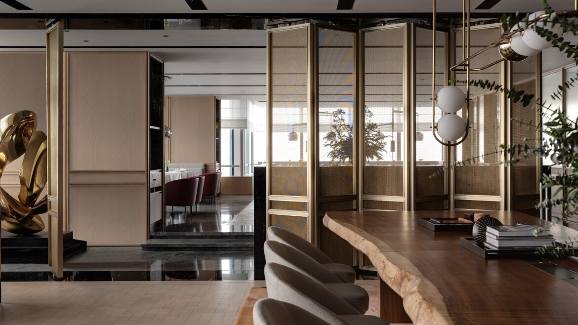 A calm and muted colour palette has been used in the bar and lobby area of Park Hyatt Changsha