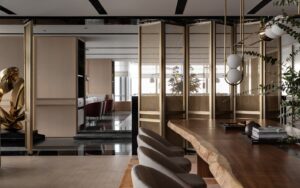 A calm and muted colour palette has been used in the bar and lobby area of Park Hyatt Changsha