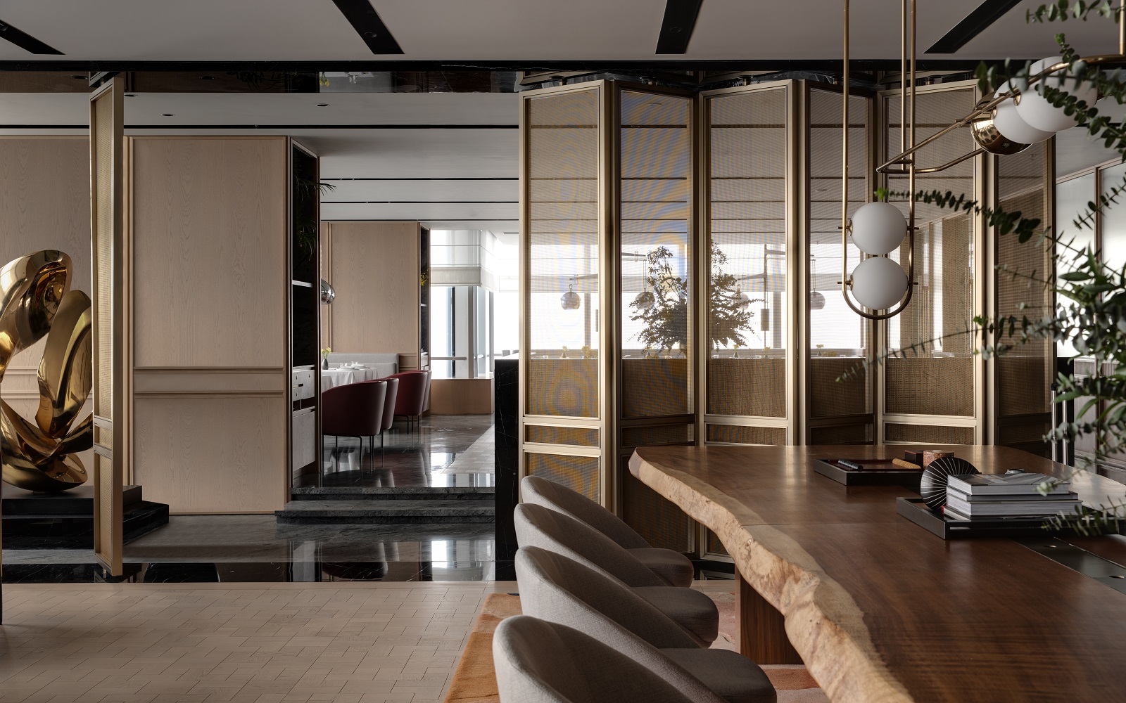 A calm and muted colour palette has been used in the bar and lobby area of Park Hyatt Changsha