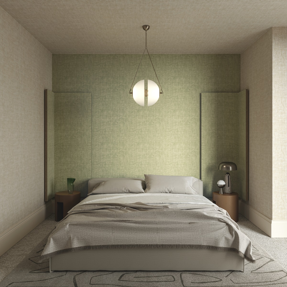 minimal bedroom set with walls and ceiling covered in arte brushed suede wallcovering