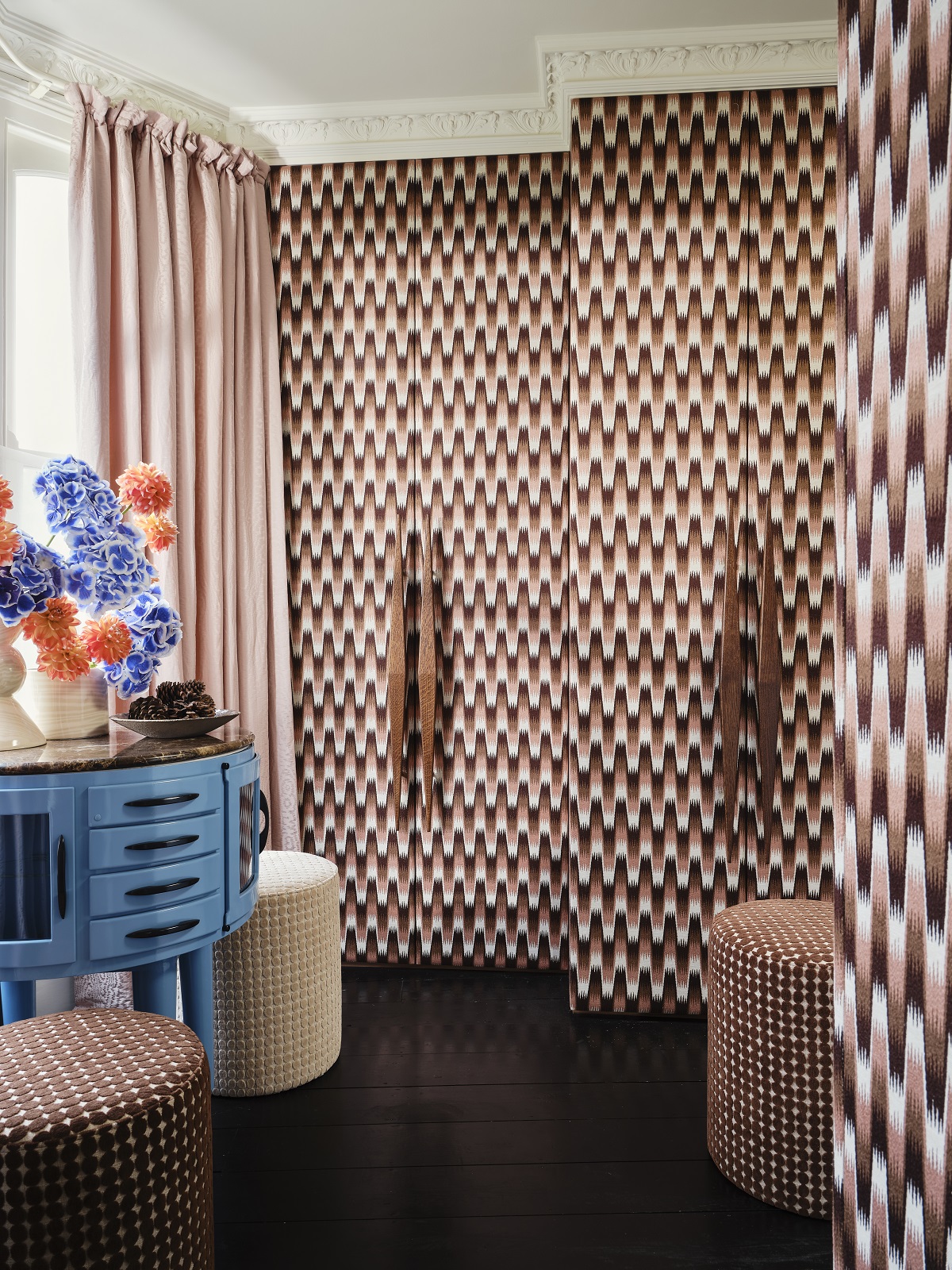 room set with wallpaper and fabric from Henry Holland x Harlequin collection in shades of brown