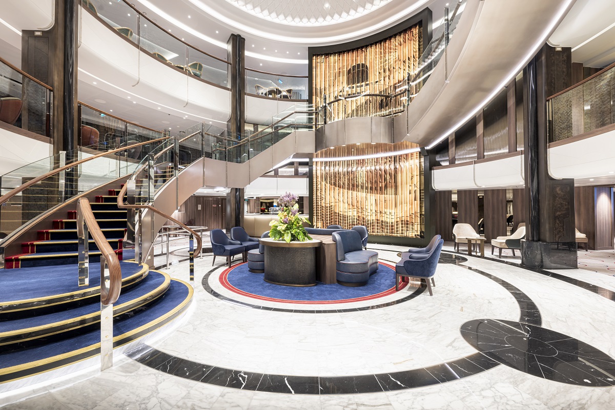 Interior of the Grand Lobby on board Queen Anne