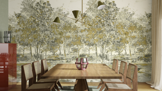 Arte suede wallcovering behind wooden table and mid century light