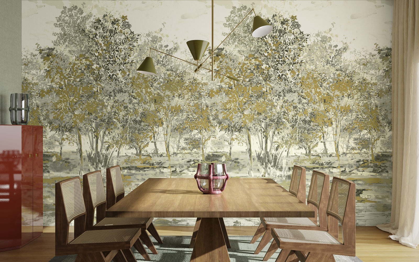 Arte suede wallcovering behind wooden table and mid century light