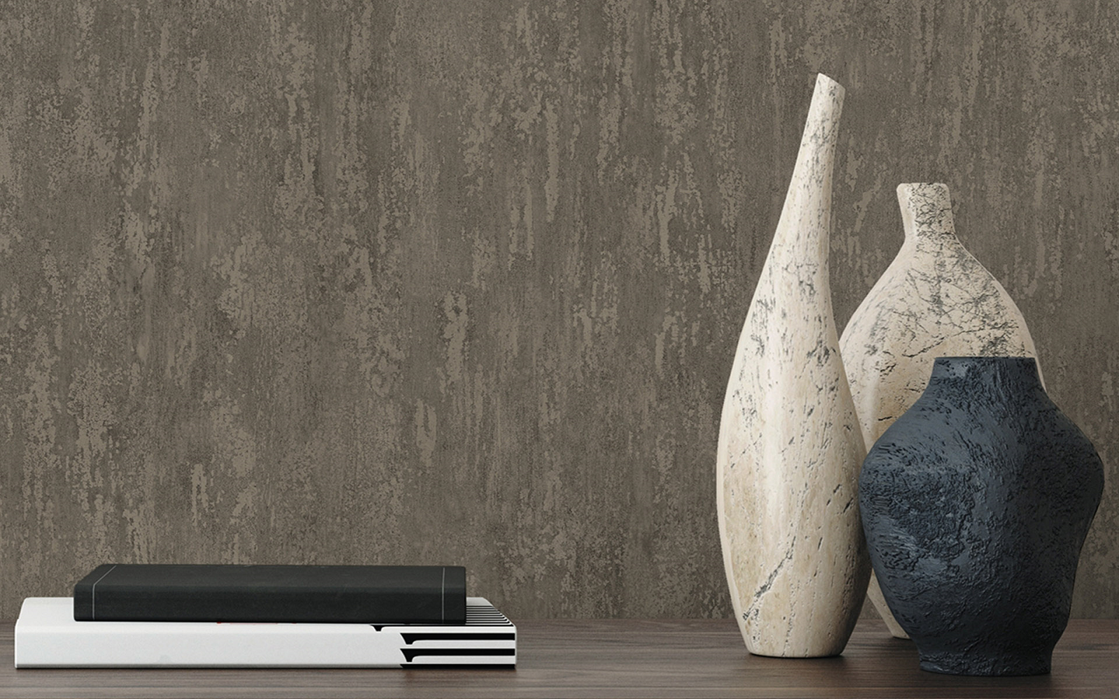 vases and books on a shelf in front of wallcovering from Sekers