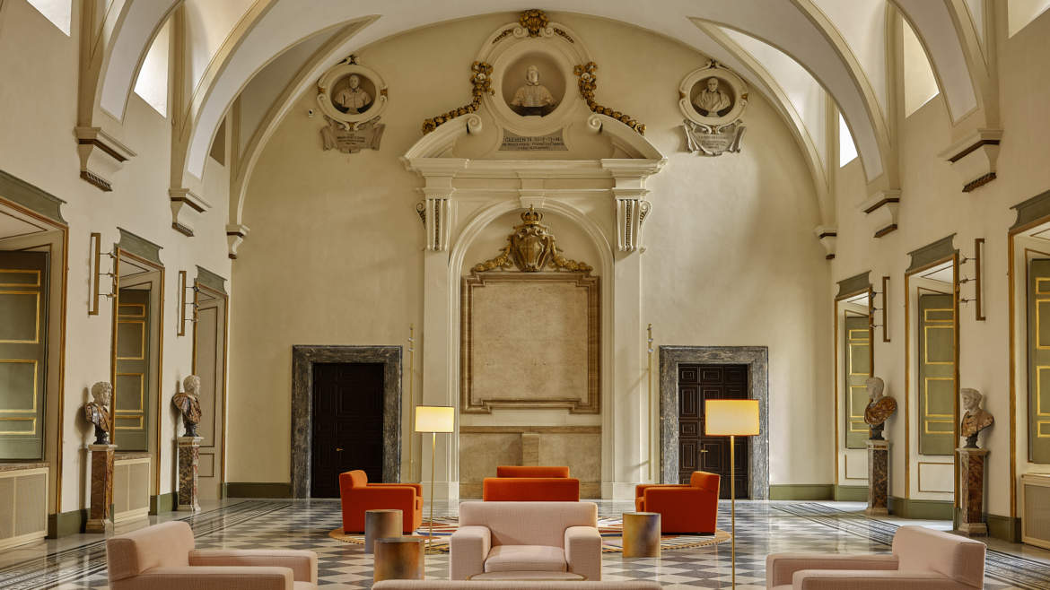 Italian renaissance restored hotel lobby in the Palazzo Talìa