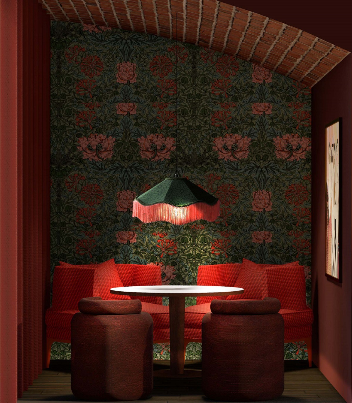 basement bar booth with dark floral wallpaper, red velvet chairs and low lighting from table lamp