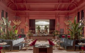 terracotta red ceiling and walls in period architecture of Mache restaurant in Madrid