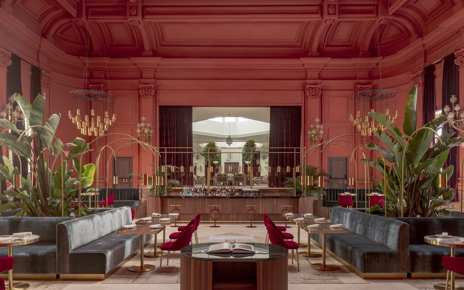 terracotta red ceiling and walls in period architecture of Mache restaurant in Madrid