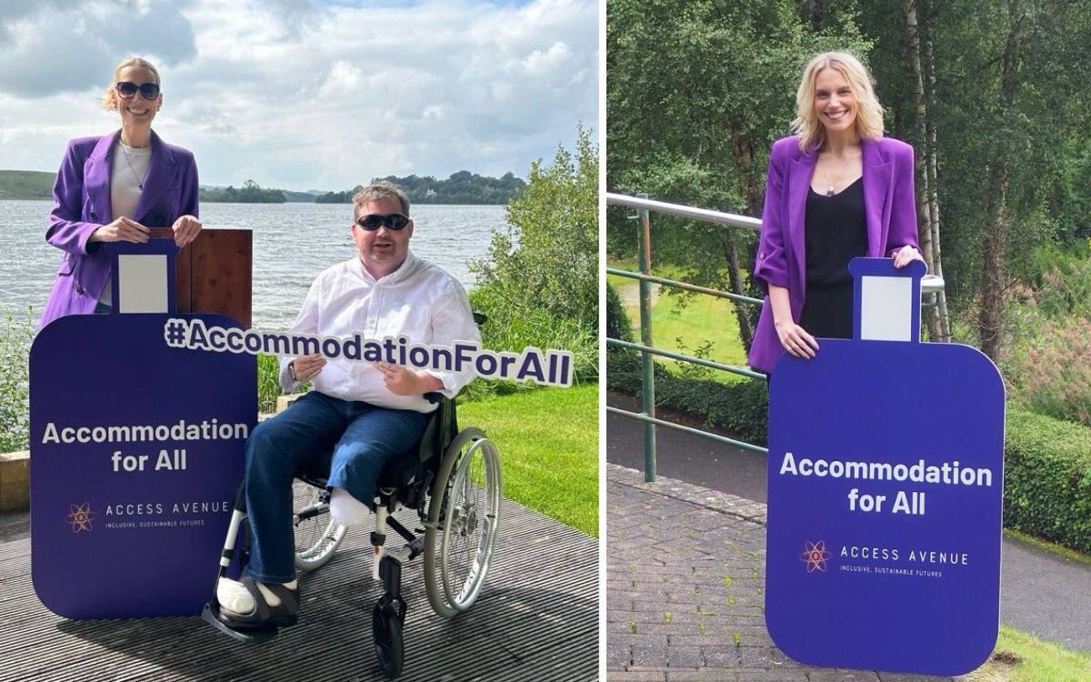 Shelley Cowan poses with her campaign poster for 'Accommodation For All' - the initiative driving change for better accessibility in the hospitality industry.