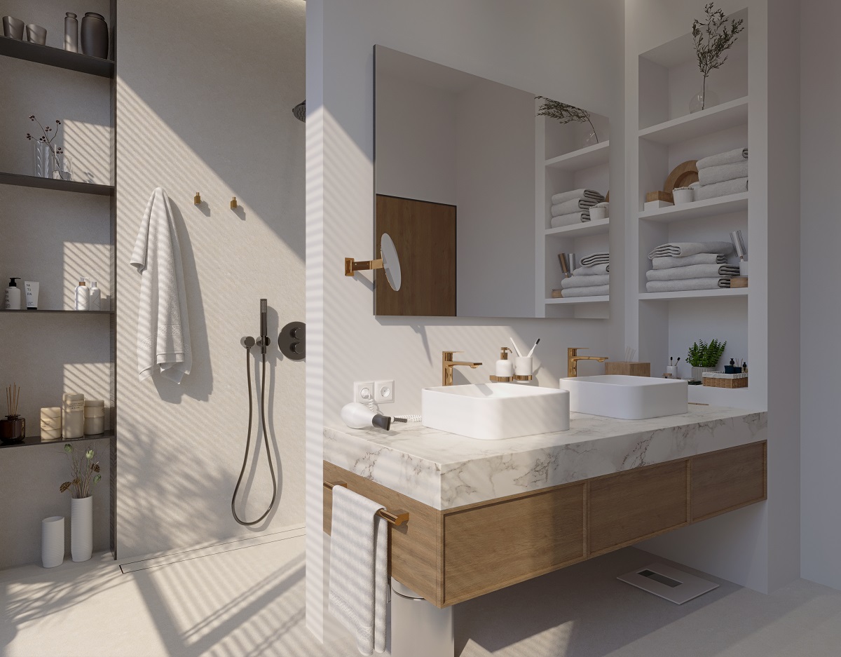 bathroom vanity and shelving with aliseo products