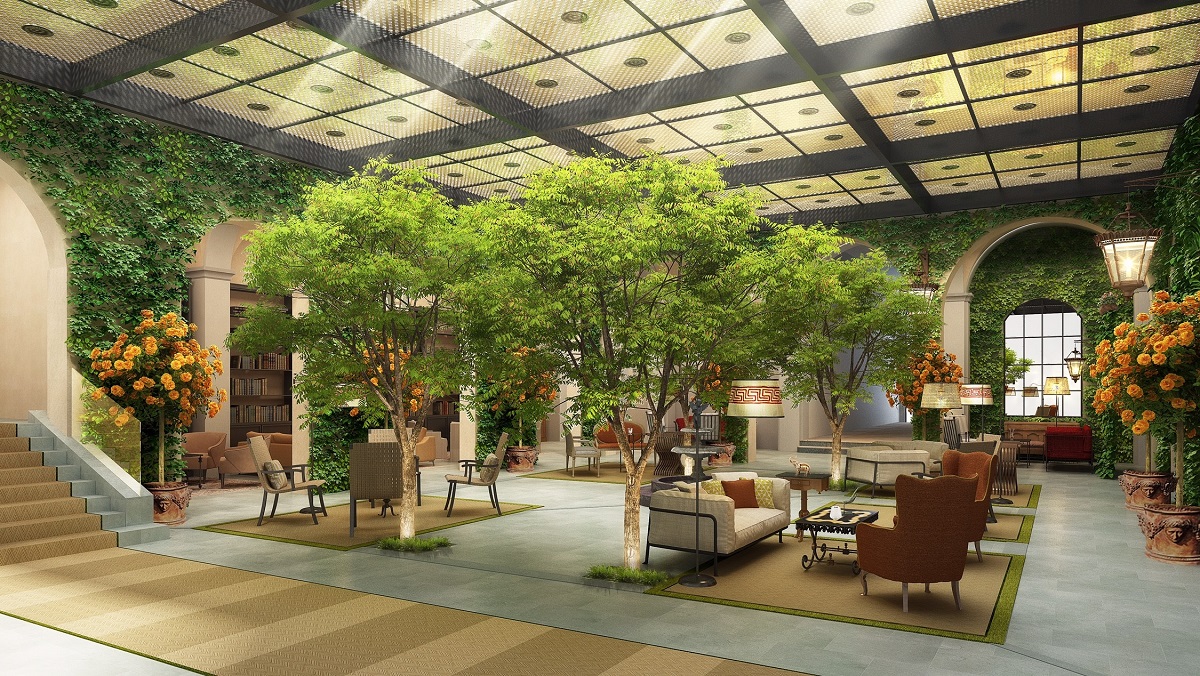 hotel lobby with antique glass ceiling and plants