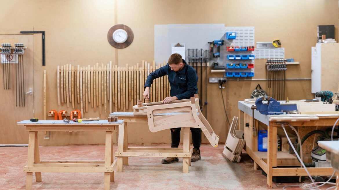 George Smith workshop with wooden chair frame being made