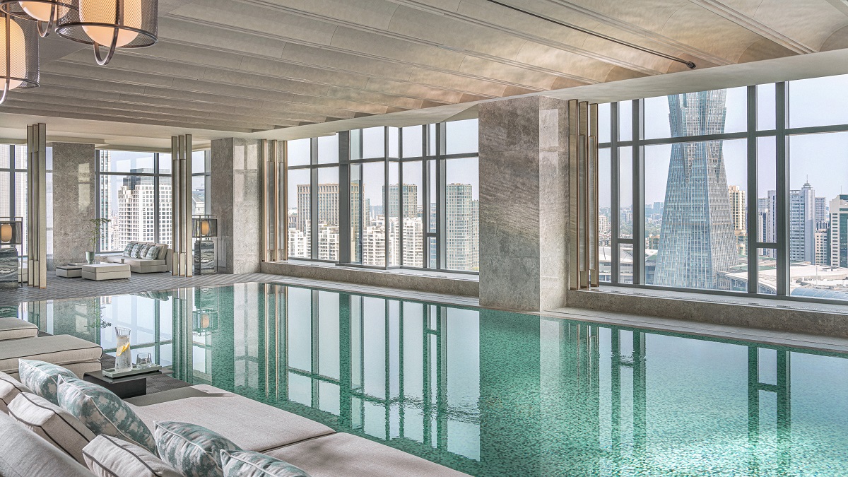 The spa at Four Seasons Hotel Hangzhou at Hangzhou Centre is on the top floor where the indoor pool overlooks the city with 360-degree views