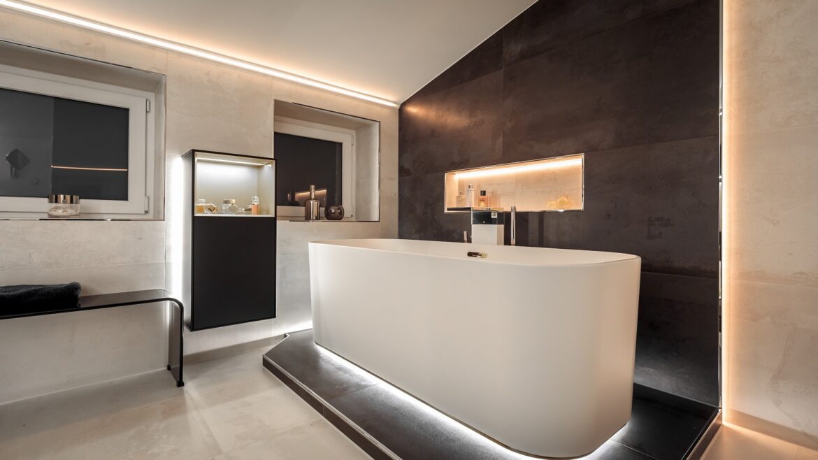 bathroom with built in architectural lighting system from Schluter