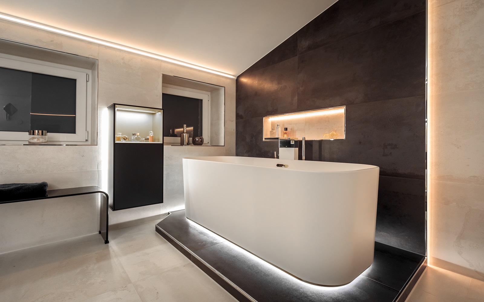 bathroom with built in architectural lighting system from Schluter