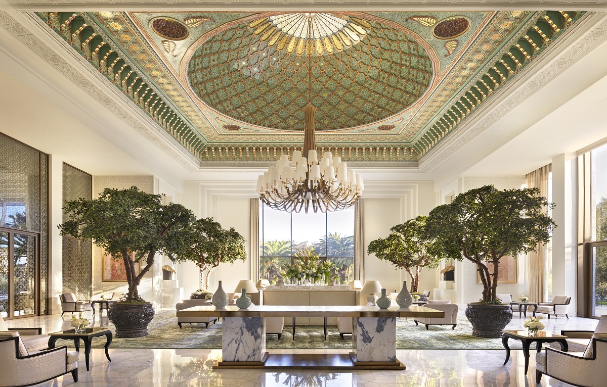 lobby and lounge area in The Ritz Carlton Rabat with painted and moulded ceiling detail