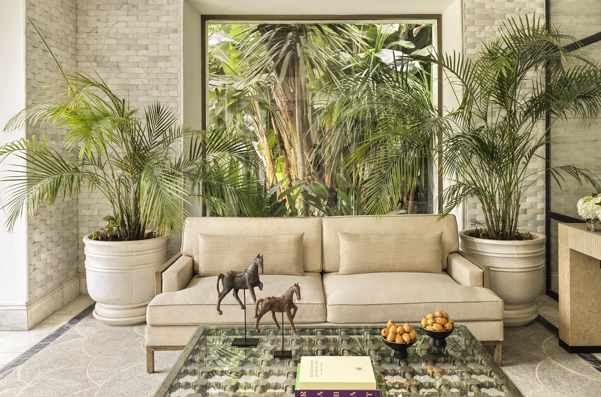 palm trees and couch in restaurant in Ritz Carlton Rabat