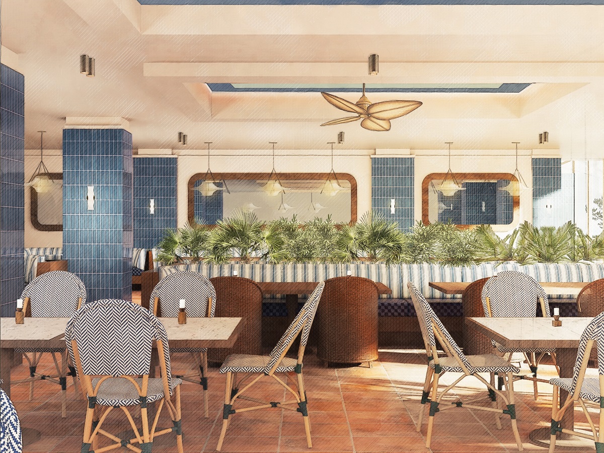 blue striped banquette and wicker seats in Trailborn restaurant